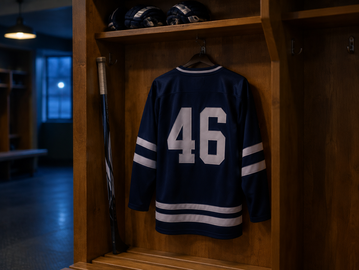 Dunkelblaues Eishockeytrikot ohne Logo mit der weißen Rückennummer 46 an einem Haken in einer Holzkabine