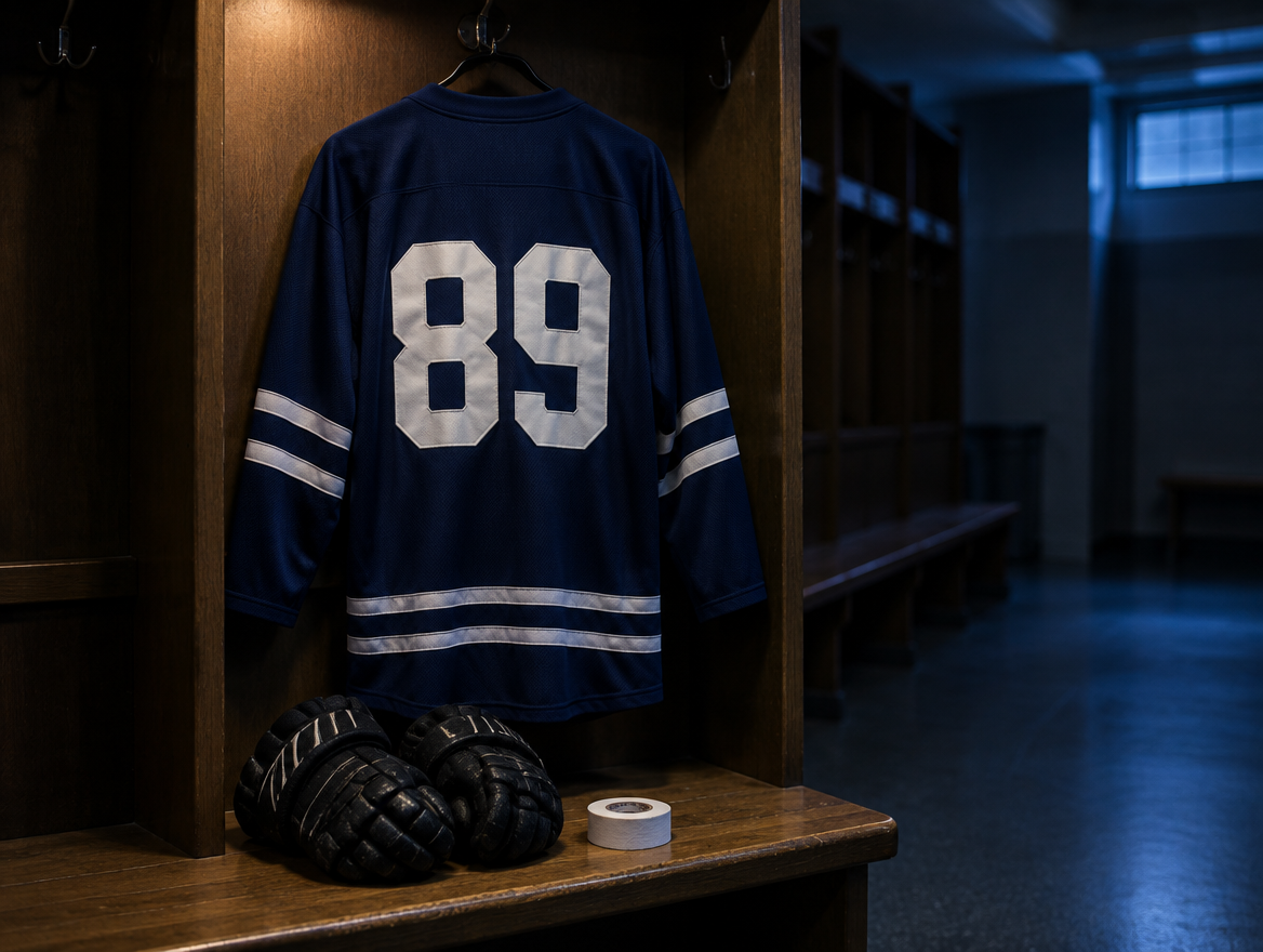 Dunkles Eishockeytrikot ohne Logo mit der Rückennummer 89 hängt in einer leeren Kabine