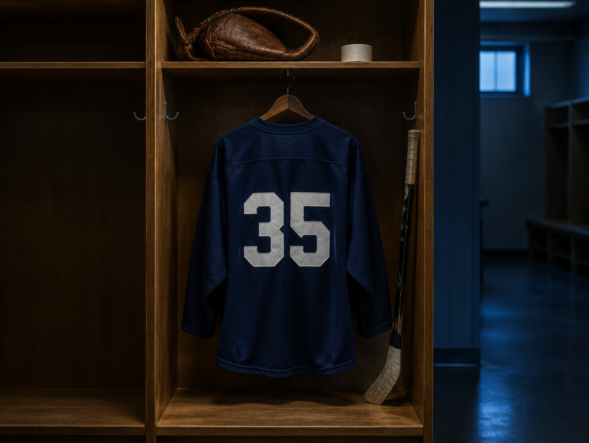 Dunkelblaues Eishockeytrikot ohne Logo mit der Rückennummer 35 in einer Spielerkabine