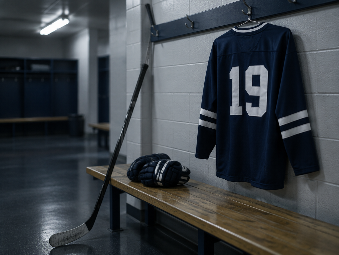 Dunkles Eishockeytrikot ohne Logo mit der Rückennummer 19 an einem Haken in einer leeren Kabine