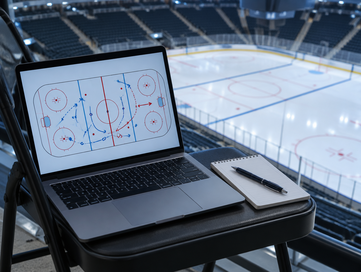 Aufgeklappter Laptop mit einer Eishockey-Taktiktafel auf dem Bildschirm, auf einem Tribünenplatz über einer leeren Eisfläche